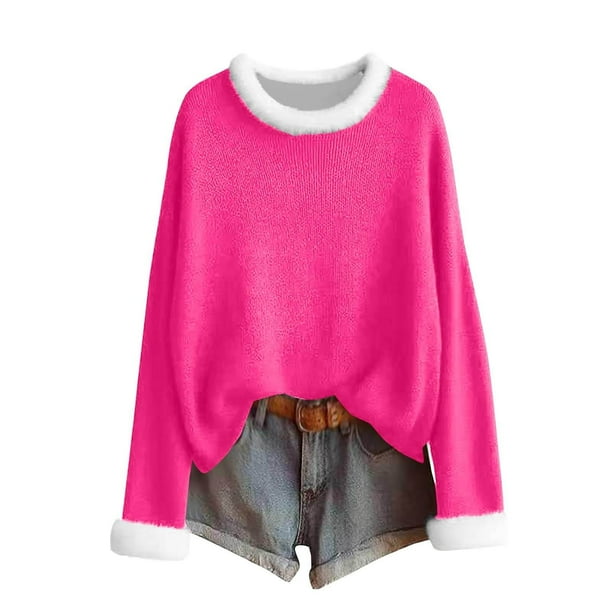 MHFRRA Camiseta Festiva de Manga Larga con Cuello y Estampado Festivo, Cómoda y Acogedora. Rosa Fuerte