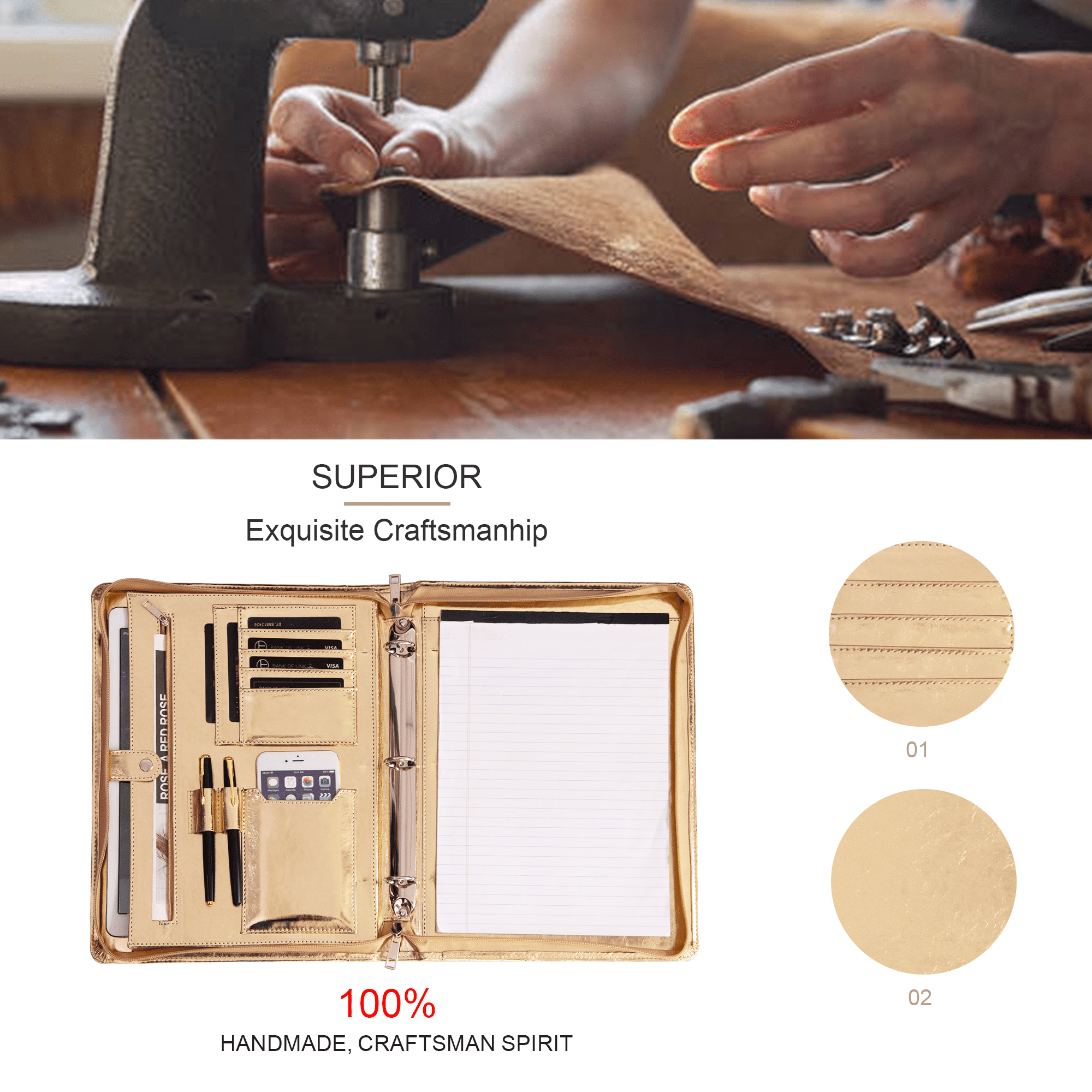 Spotlight Golden Portfolio 3 Ring Binder, Vegan Leather Portfolio Binder with Zipper, Business Padfolio Organizer Notepad Holder,Folder with Tablet Sleeve for ipad Pro 13 MacBook