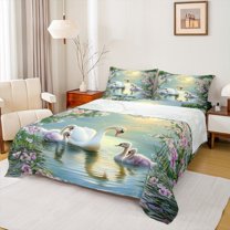 Castle Fairy Female Men Women Animal Swan Full Size Sheets 4-Piece,Romantic Valentine's Day Breathable Bed Sheets,Green Pink White Lightweight Sheet Sets,Lightweight Room Decor
