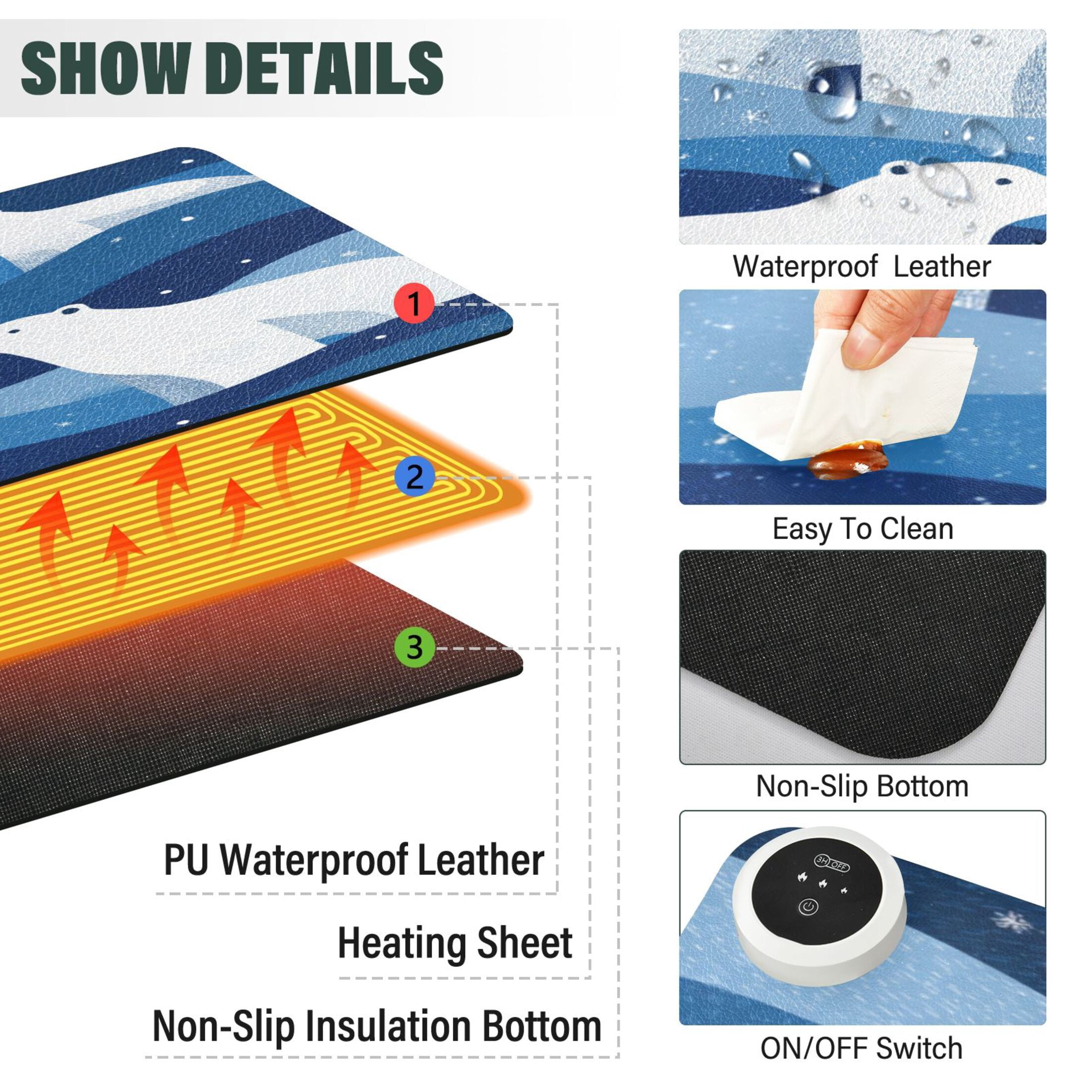 Large Heated Desk Mat Mouse Pad 31.5"x13"PU Leather Graphene Heating Desk Warmer with 3 Temperature Settings 110V US Plug Non-Slip Warm Pad for Home, Office, and Gaming Arctic Night Bear Art