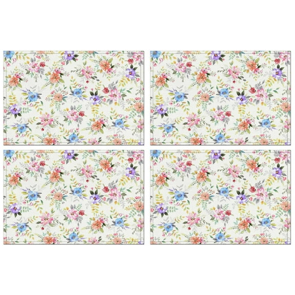 Bright Botanical Bloom Table Mats Set of 4, Heat Resistant Wrinkle Free Flax Material with Peony Rose and Butterfly Pattern for Garden Dining Room Decor