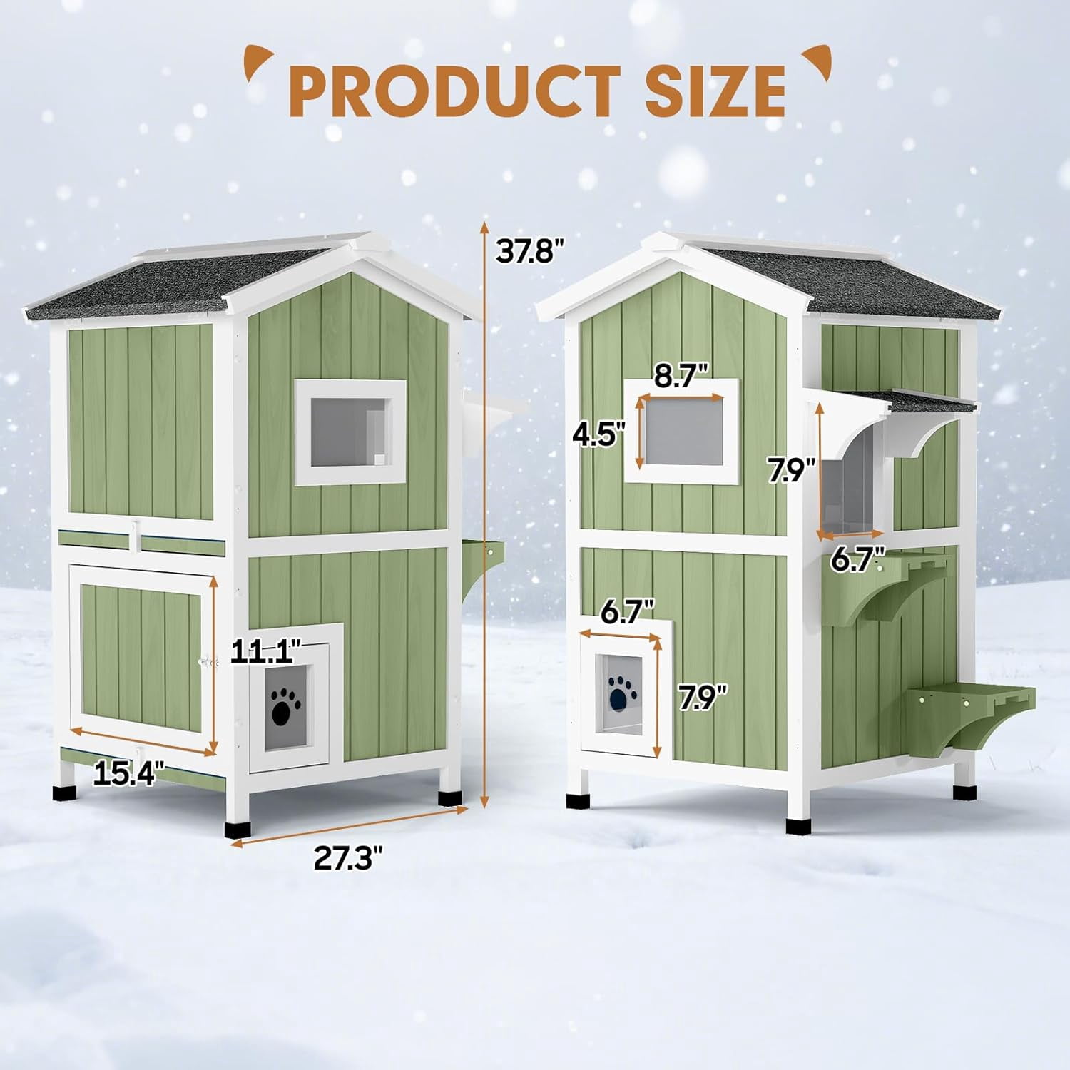Gowoodhut 2 Story Insulated Outdoor Cat House with Insulated Liner Weatherproof Elevated Outside Cat Shelter,Green
