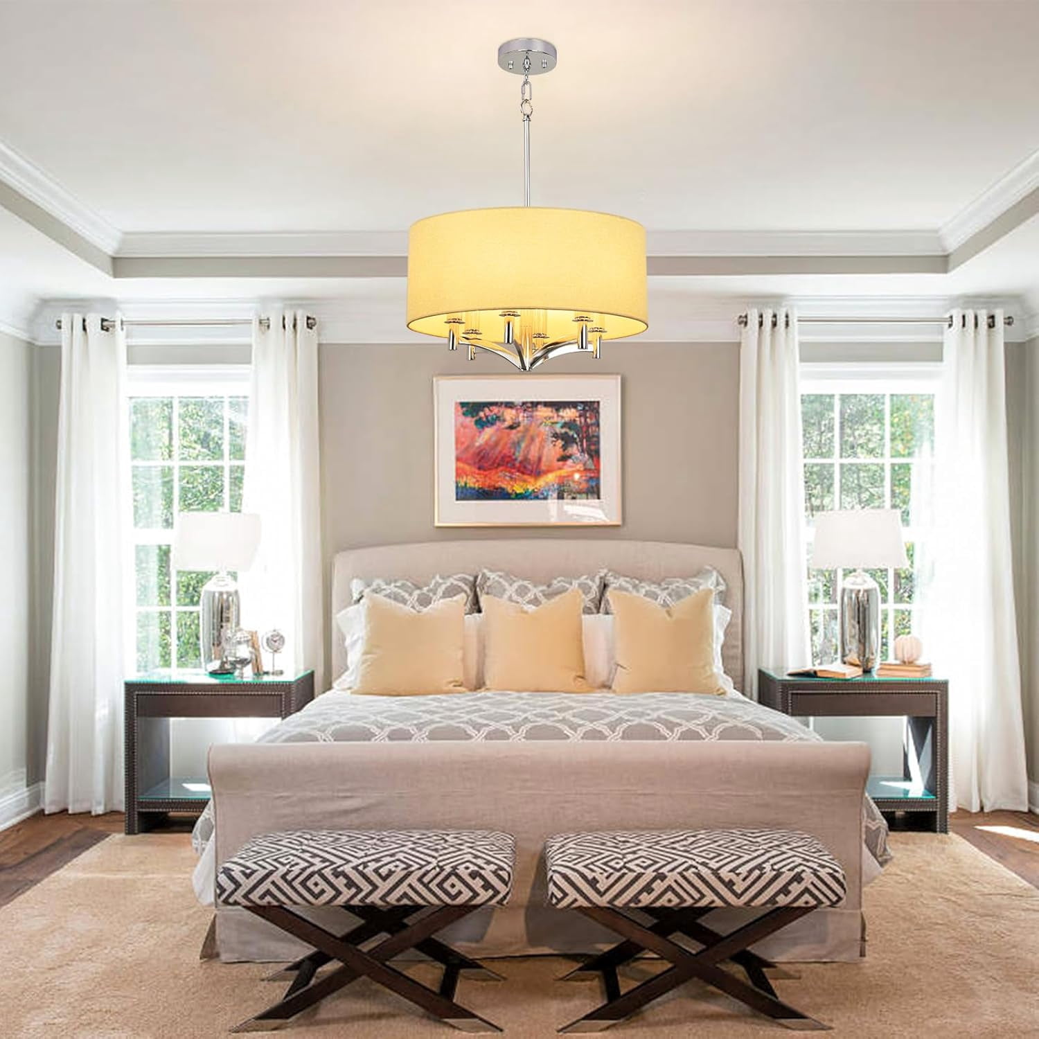 DingLiLighting 6 Light Flush Mount Ceiling Light Drum Pendant Light Brown Fabric Ceiling Light Fixture for Living Room, Dining, Bedroom, Kitchen, Hallway