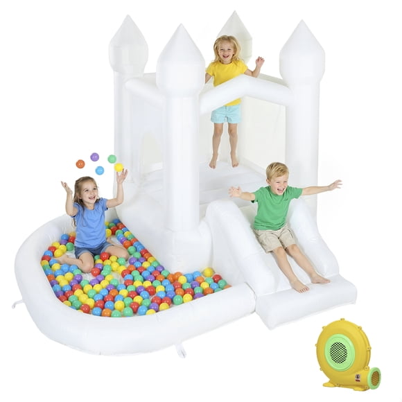 Qaba Château Gonflable Blanc Rebondissant avec Glissade et Fosse à Balles, Blanc