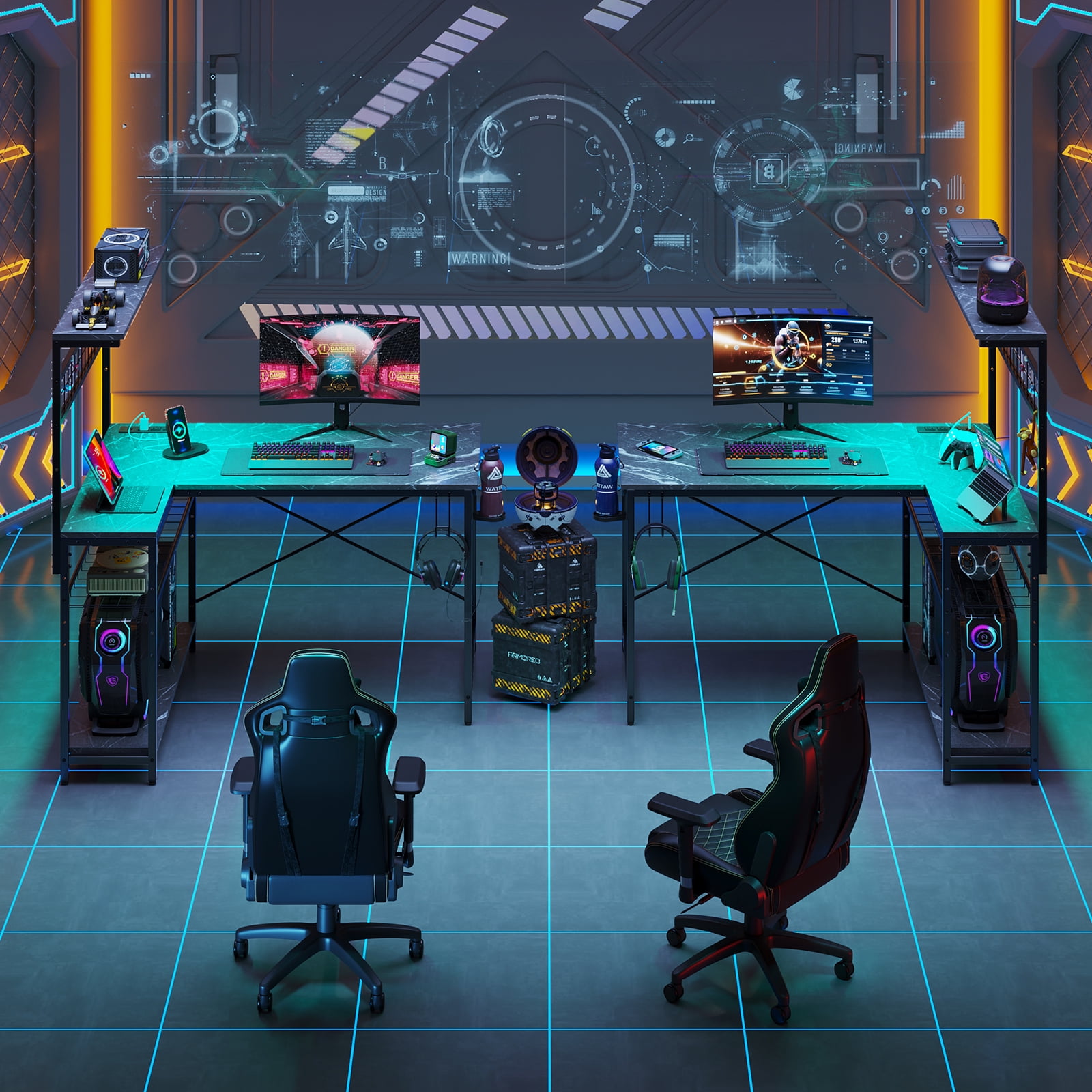Bestier 42 inch Gaming Desk with LED Lights & Power Outlet, Reversible L Shaped Computer Desk with Hutch & Storage Shelves, Black Marble