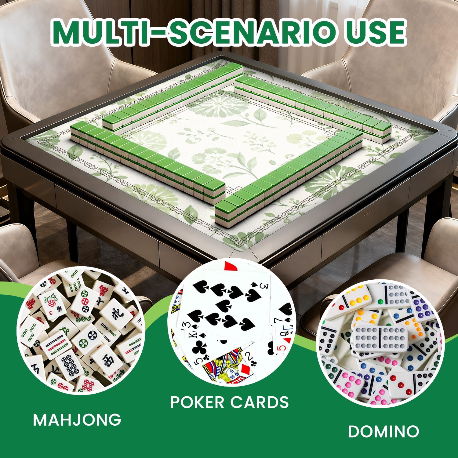 Mahjong Mat 31.5" x 31.5" Seamless Green Floral Botanical Elements Light Non-Slip Noise Reduction American Mahjong Tiles Table Cover for Dominoes Poker Card Board Games Gift