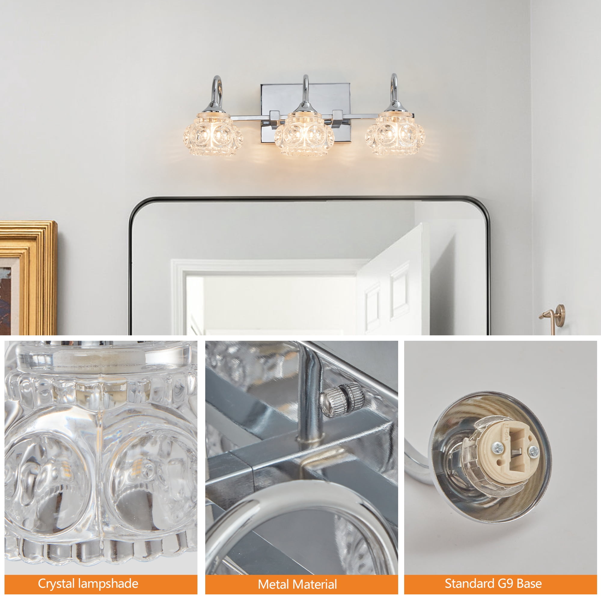 17" Nickel Finish Vintage Crystal Vanity Light - Elegant 3-Light Bathroom Mirror Fixture with Clear Glass Shades (No Bulbs)