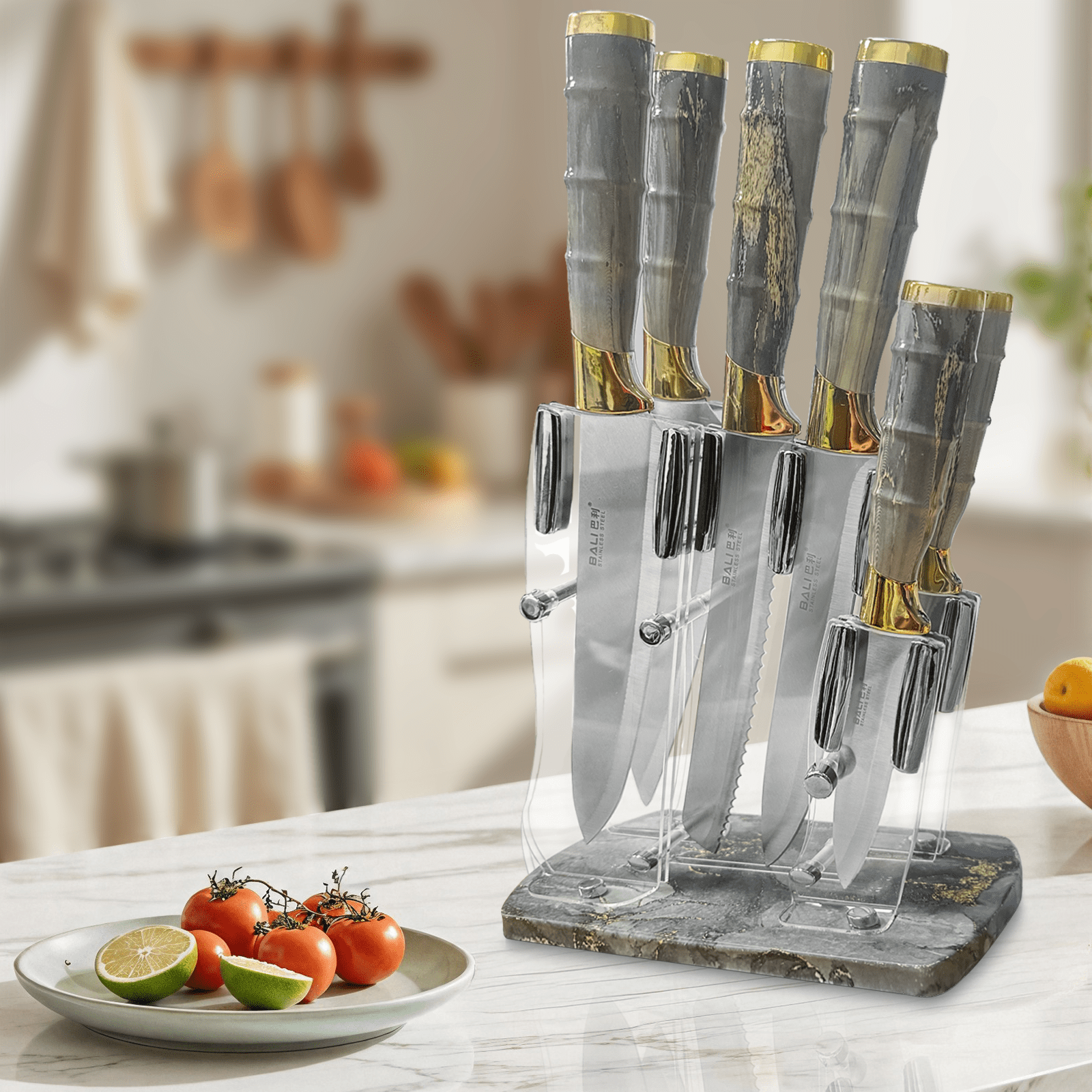 Kitchen Knife Set, 7PCS Kitchen Knives Set High Carbon Stainless Steel Sharp Knife, Knives Set for Kitchen with Ergonomic Handle-Grey