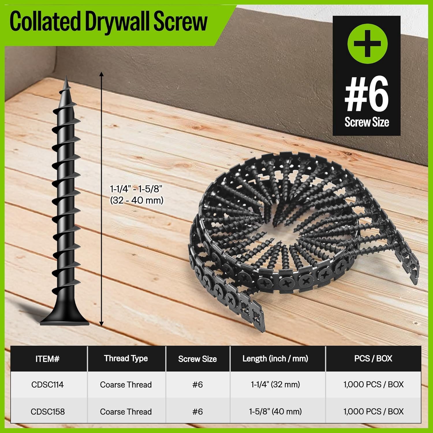 MEITE Collated Drywall Screws, 1-1/4 Inch Coarse Thread Wood Screws, 1,000 Count