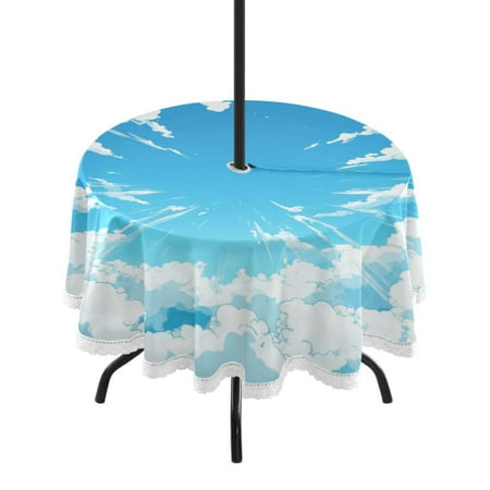 

60 Outdoor Round Tablecloth with Umbrella Hole & White Lace Trim Waterproof Patio Table Cover for Garden Kitchen Dining Cartoon Sky