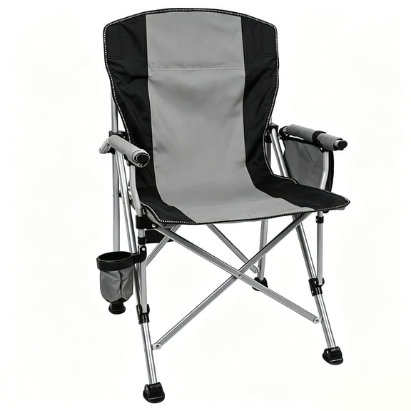 Large Folding Camping Chair, Heavy Duty Hard Arm Lawn Chair Support 330lbs with Cup Holder, Portable Collapsible Outdoor Chair for Camp Fishing Hiking, Carry Bag Included (Grey)