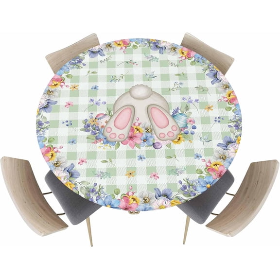 Happy Easter Fitted Round Tablecloth Bunny Tail Spring Flower Waterproof Oilproof Table Cloth with Elastic Edge Green Checker Table Covers for Indoor Outdoor Tables Decor Fits 36"-44",Small