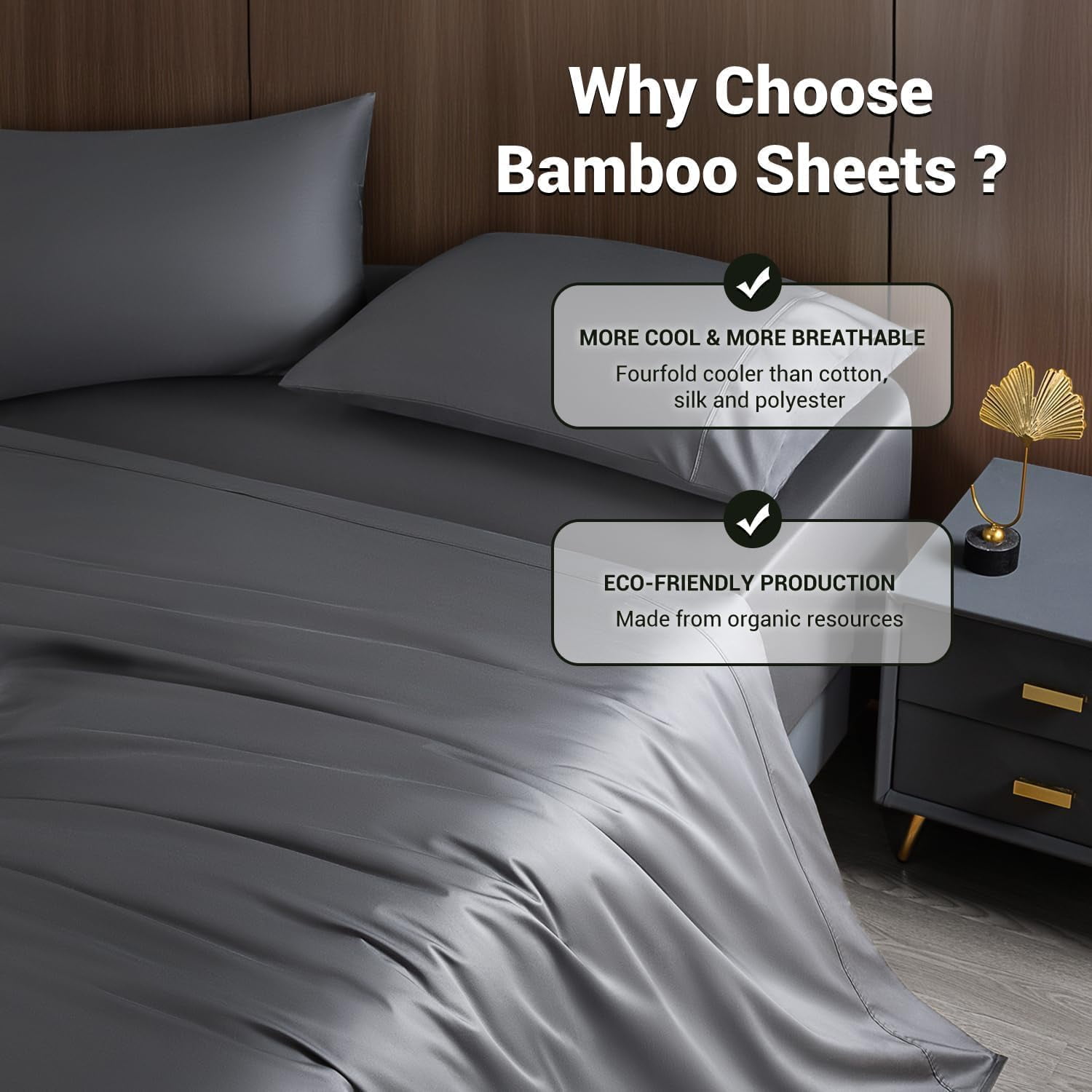 Queen Sheet Sets, Blend Rayon Derived from Bamboo, Breathable & Cooling Bed Sheets 4 Piece, Deep Pocket Up to 16", Hotel Silky Bedding for Hot Sleepers, Dark Grey