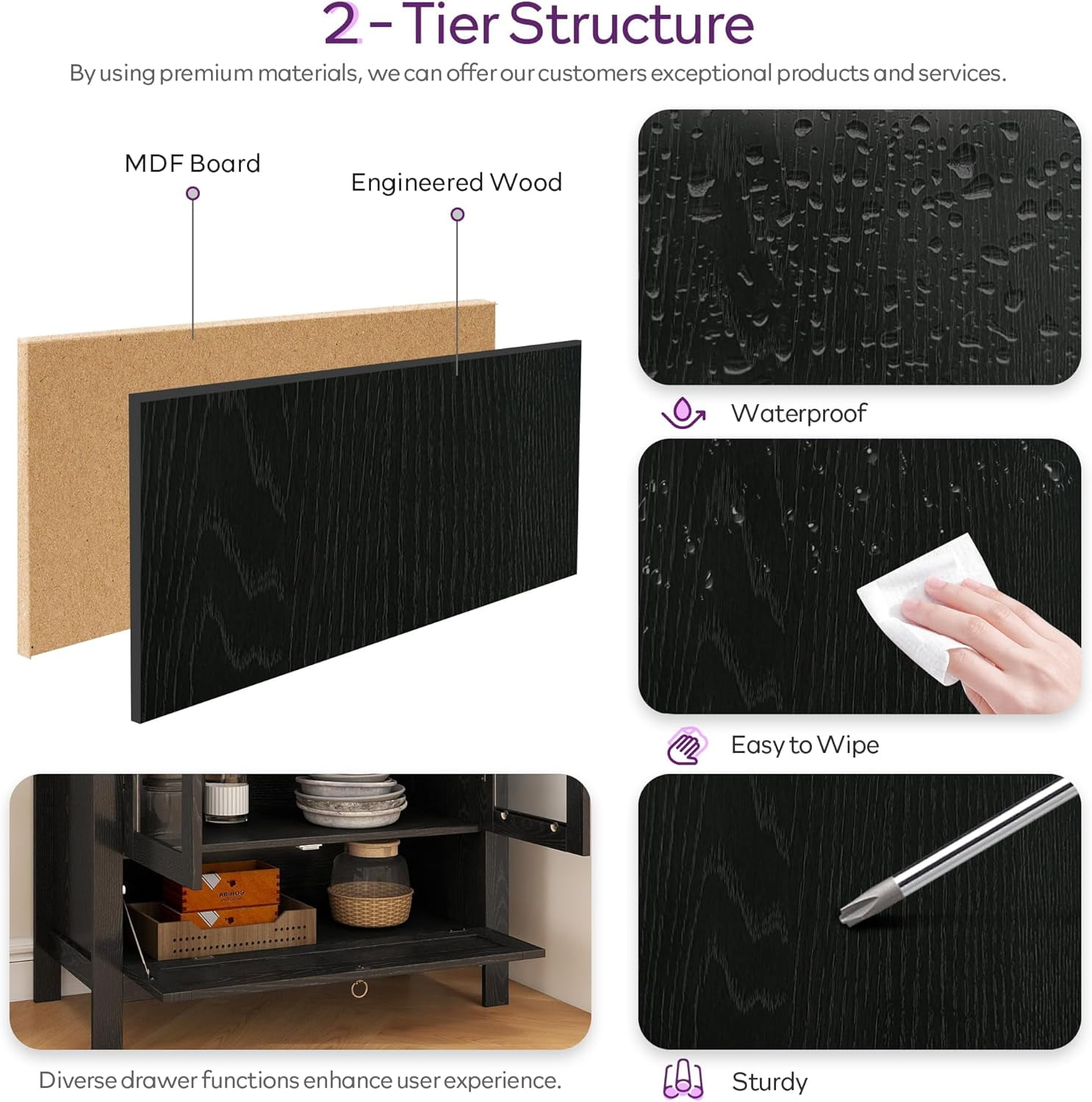 73" Tall Arched Pantry Cabinet with Innovative Drawer, Kitchen Cabinet with Anti-Tipping Device and Glass Door, Versatile Cupboard for Kitchen, Dining, Black