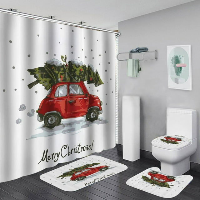 PATIO 4 Pieces Set 3D Digital Printing High-Density Merry Christmas Theme Pattern Shower Curtain Set Bathroom Floor Mat Base Mat Toilet Mat Home Holiday Decoration Bathroom Accessories Ch
