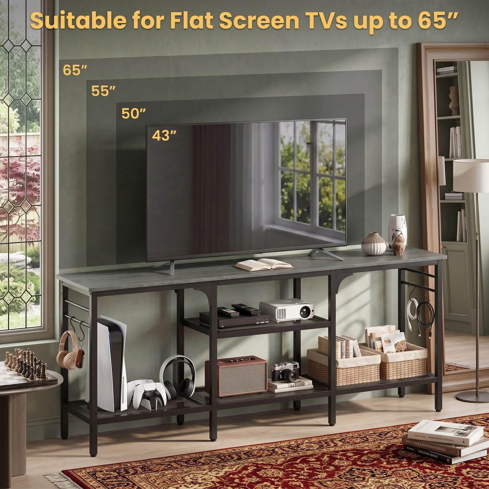 Furnibear TV Stand for TVs up to 65 Inch, 3-Tier Open Shelf Entertainment Center with 4 Hooks, Metal Frame Media Console Table for Living Room Bedroom, Oak & Black
