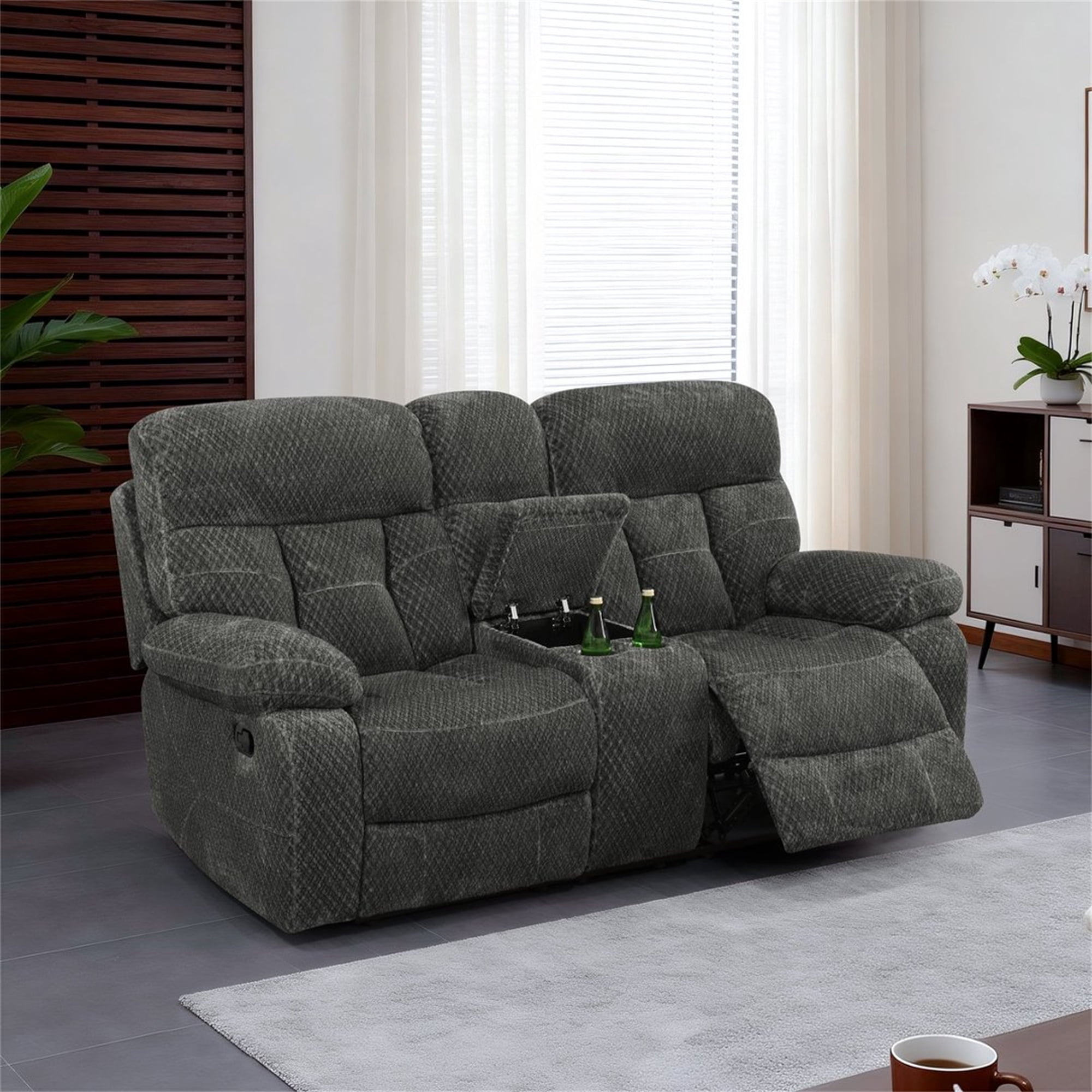 Aukfa 3-Piece Recliner Sofa Set - 77" Loveseat Recliner w/ Cupholder Console for Living Room, Microfiber, Gray