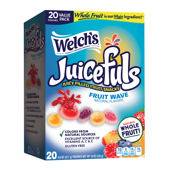 Welch's Juicefuls Gluten-Free Fruit Wave Soft Fruit Snacks for Stocking Stuffers, .8 oz, 20 Count