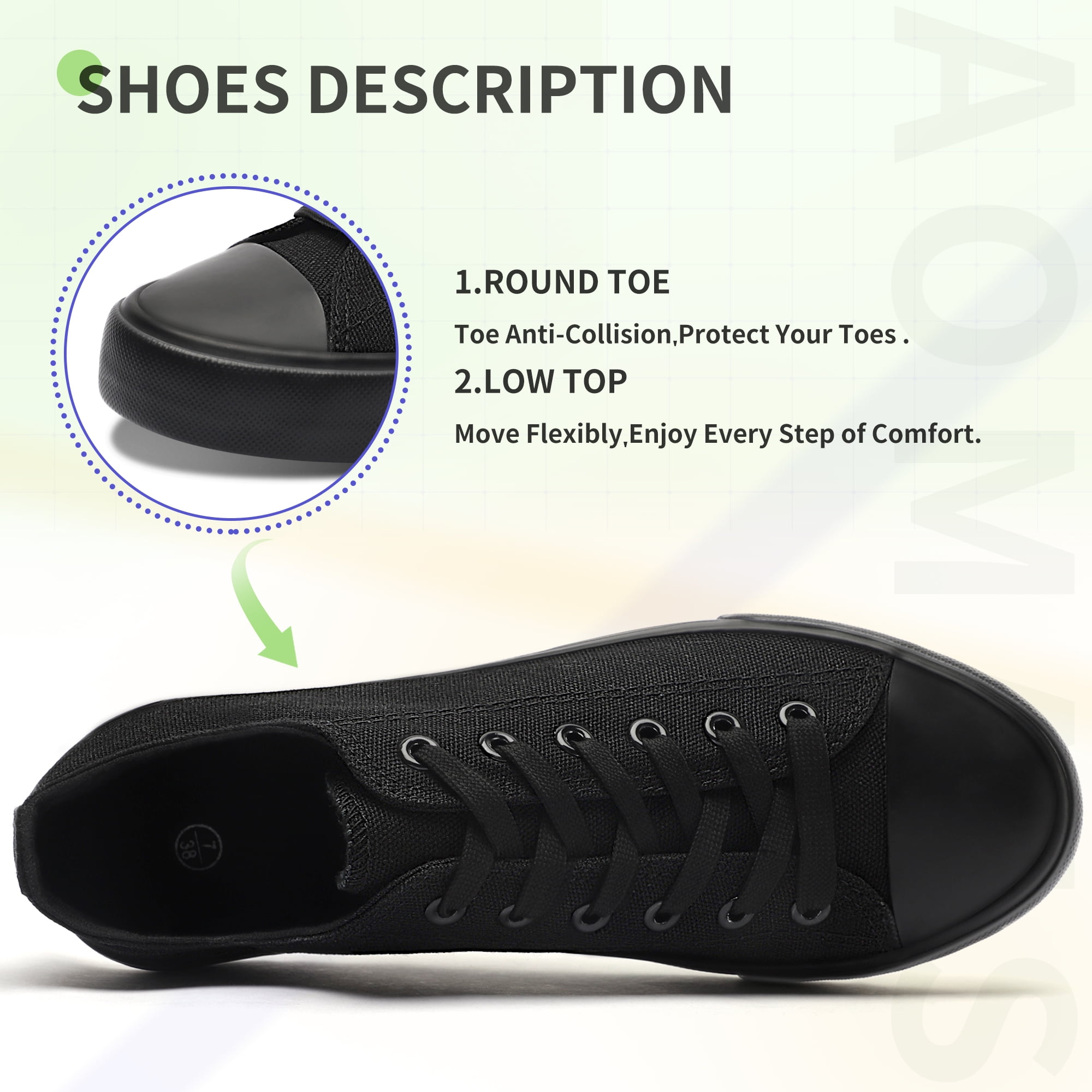 AOMAIS Womens Canvas Fashion Sneakers Classic Low Top Fabric Shoes Casual Walking Canvas Flats Cute Lace Up Tennis Shoes for Lady(All Black US9)