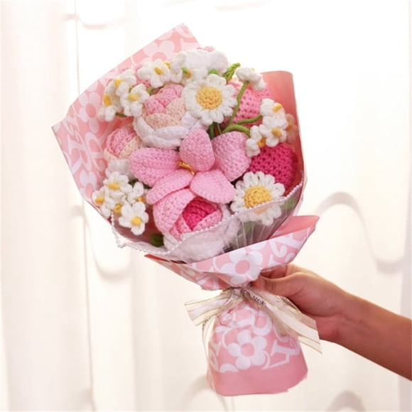 HaoXun 1 Pc Handmade Knitting Yarn Simulation Flower - Pink Plastic Hanging Ornament for Home Decor, Holiday Gift