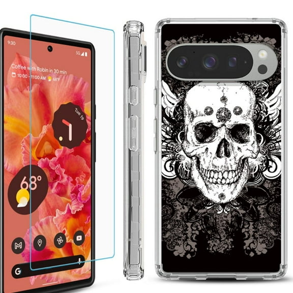 For Google Pixel 9 / 9 Pro Phone Case Cover, Shockproof Bumper Case with Tempered Glass Screen Protector, by OneToughShield - Grunge Skull