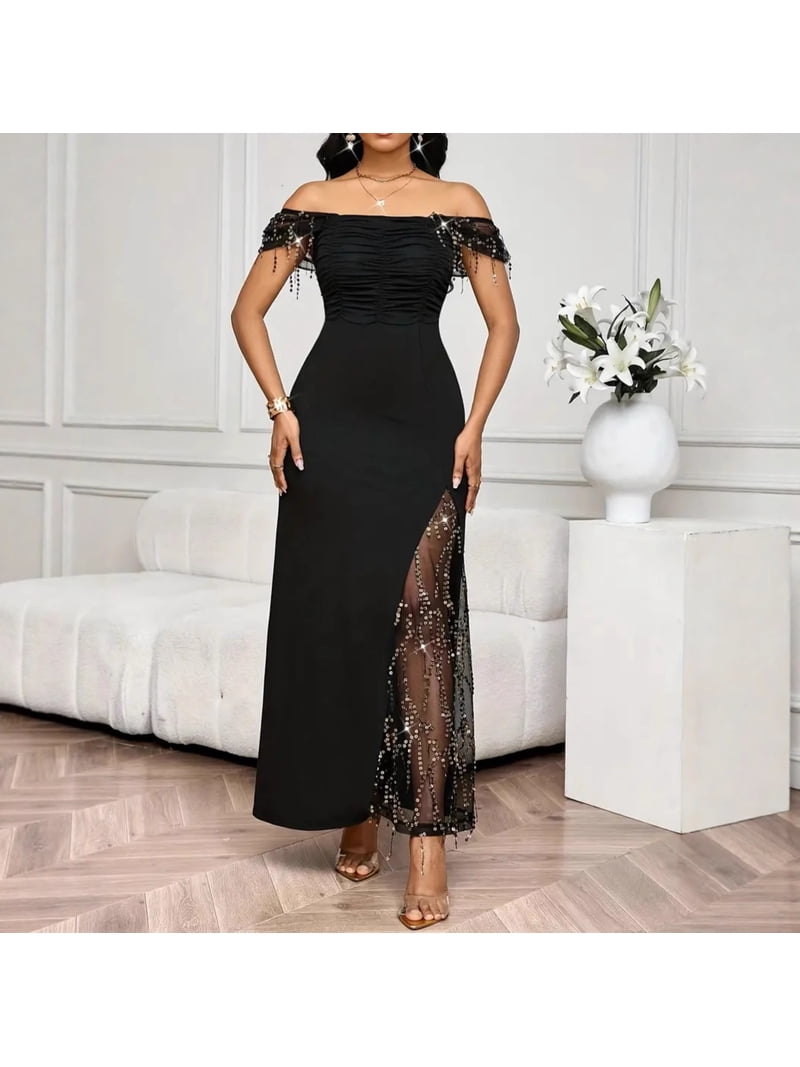 square neck ruched sequin mesh bodycon dress boohoo Women's Square Neck Ruched Mesh Bodycon Dress - Black