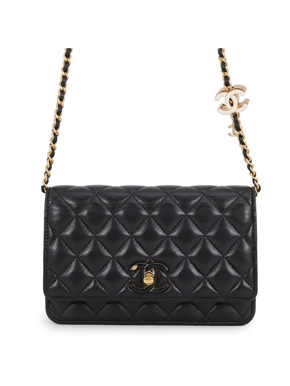 Pre-Owned Chanel Chain Wallet, Matelassé, Coco Mark, Shiny Lambskin, AP3938, CHANEL Black,...