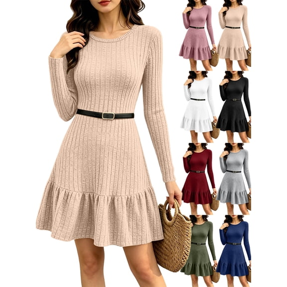 Long Sleeve Dresses for Women Long Sleeve Ribbed Knit Mini Dress - Crew Neck Ruffle Hem Bodycon Dress (Without Belt) for Fall & Winter Office Wear