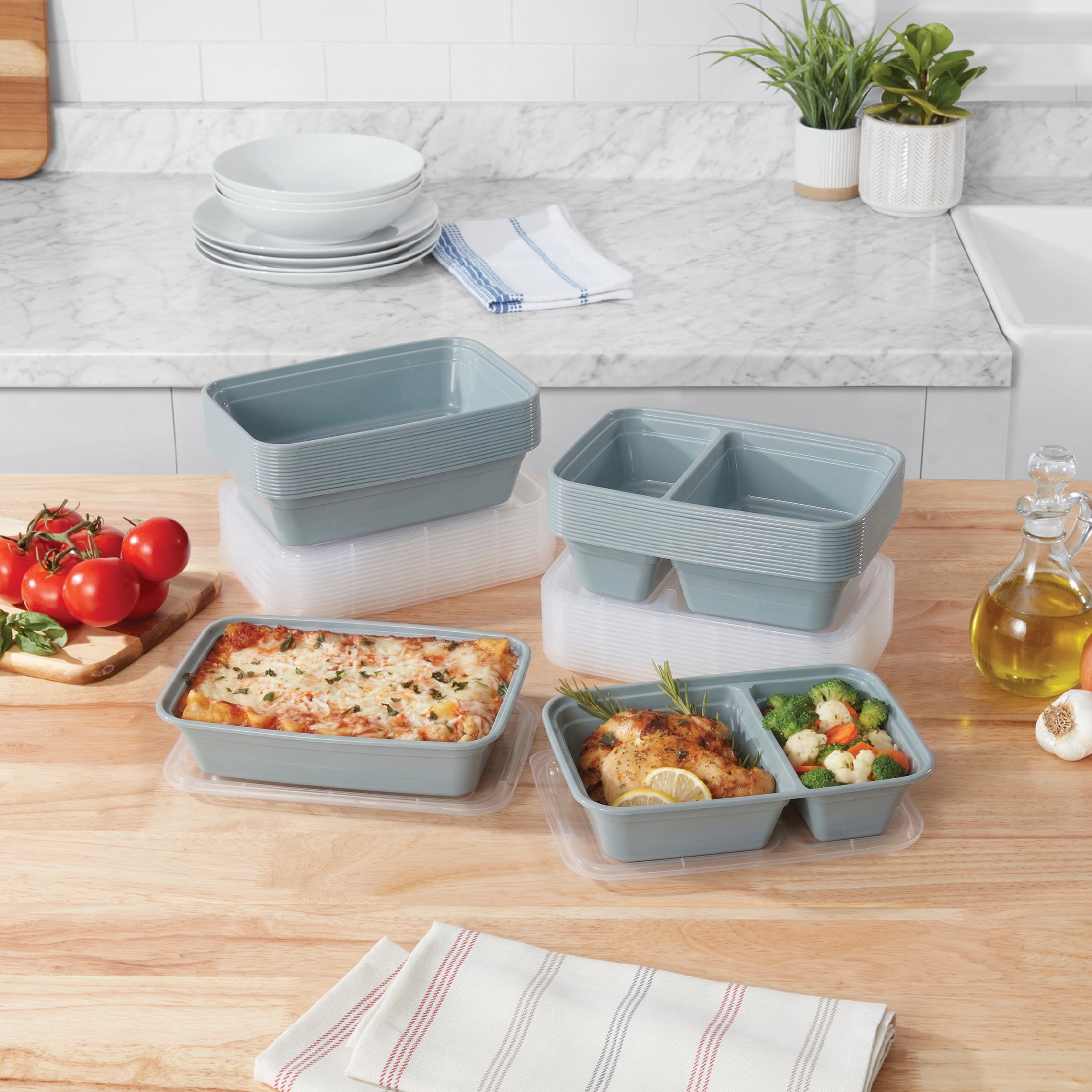Mainstays 60-Piece BPA-Free Plastic Meal Prep Food Storage Container Set, Blue Cameo