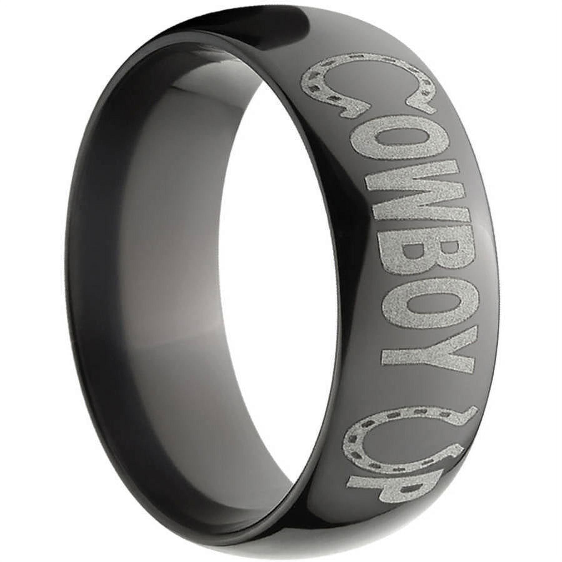 8mm Half-Round Black Zirconium Ring with "Cowboy Up" Laser Design
