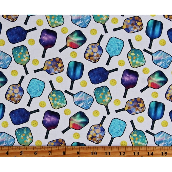 Cotton Pickleball Paddles Balls Equipment Sports White Cotton Fabric Print by the Yard (683WHITE)