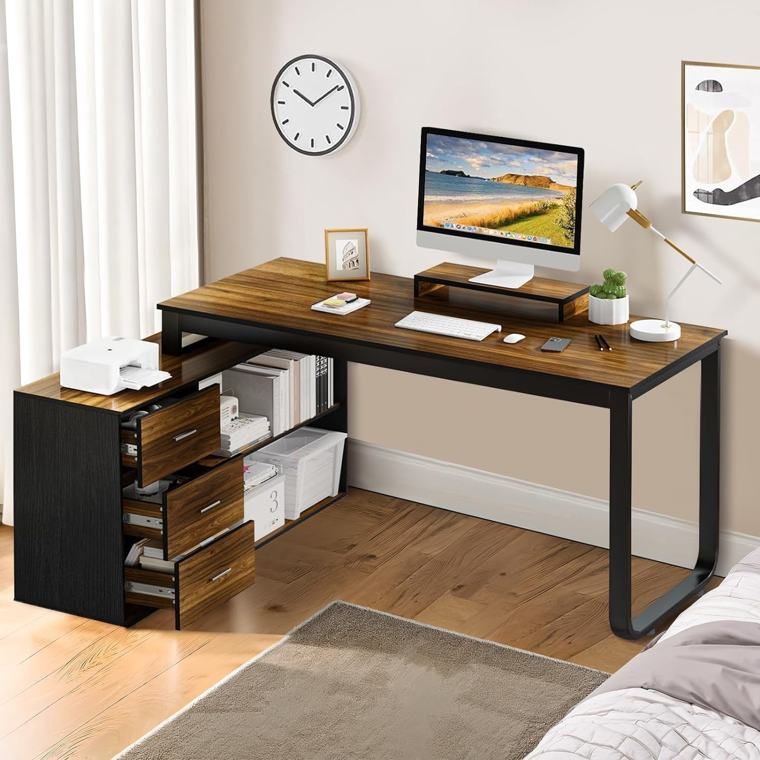 DreamCurship 55 Inch Reversible L Shaped Desk with 3 Storage Drawers, Computer Desk with Shelves and Monitor Stand, Corner Desk for Small Spaces, Black
