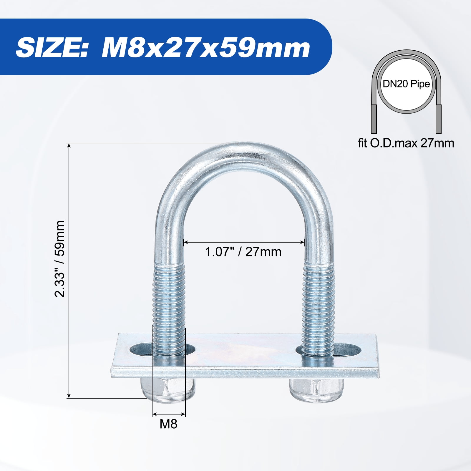 U Bolts 4Set (M8x27x59mm), Round U Bolt Kits DN20 Carbon Steel with Nylon Lock Nut Washers Plates - for Construction, Pipe, Trailer, Automotive, Leaf Spring Fastener