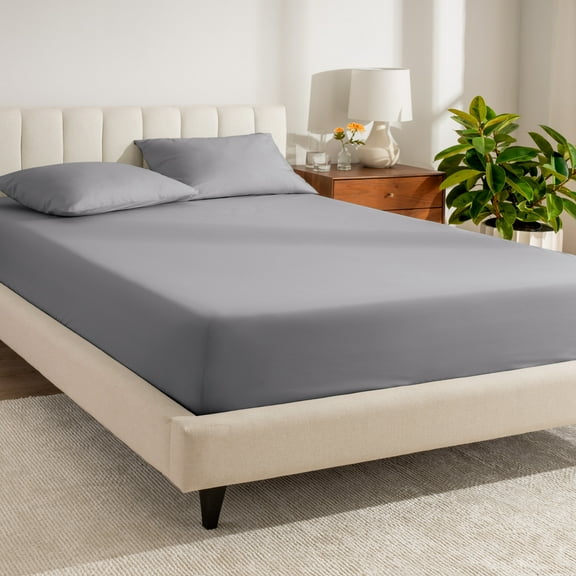 Bare Home 100% Organic Cotton Fitted Sheet - Percale Weave  - Queen, Light Gray