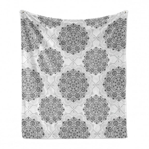 Orient Soft Flannel Fleece Blanket, Ornamental Illustration of Circular Formations with Swirls Dots and Strokes, Cozy Plush for Indoor and Outdoor Use, 50" x 70", Charcoal Grey White, by Ambesonne