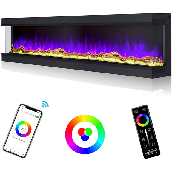 Cosmopolitan Fireplaces Phoenix Omnivue 96-inch 3 Sided Electric Fireplace Built-in with Realistic Flames, Low Noise 3000/1500Watt Fireplace Heater