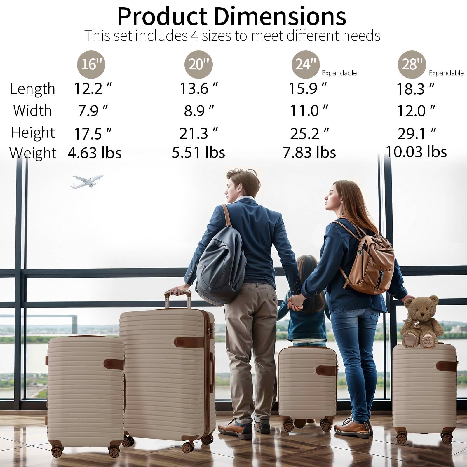 MAYEERTY 16/20/24/28 Inch 4 Pack Travel Luggage Set, ABS Hardshell Expandable Suitcase with Spinner Wheels, TSA Lock and 4 Packing Cubes