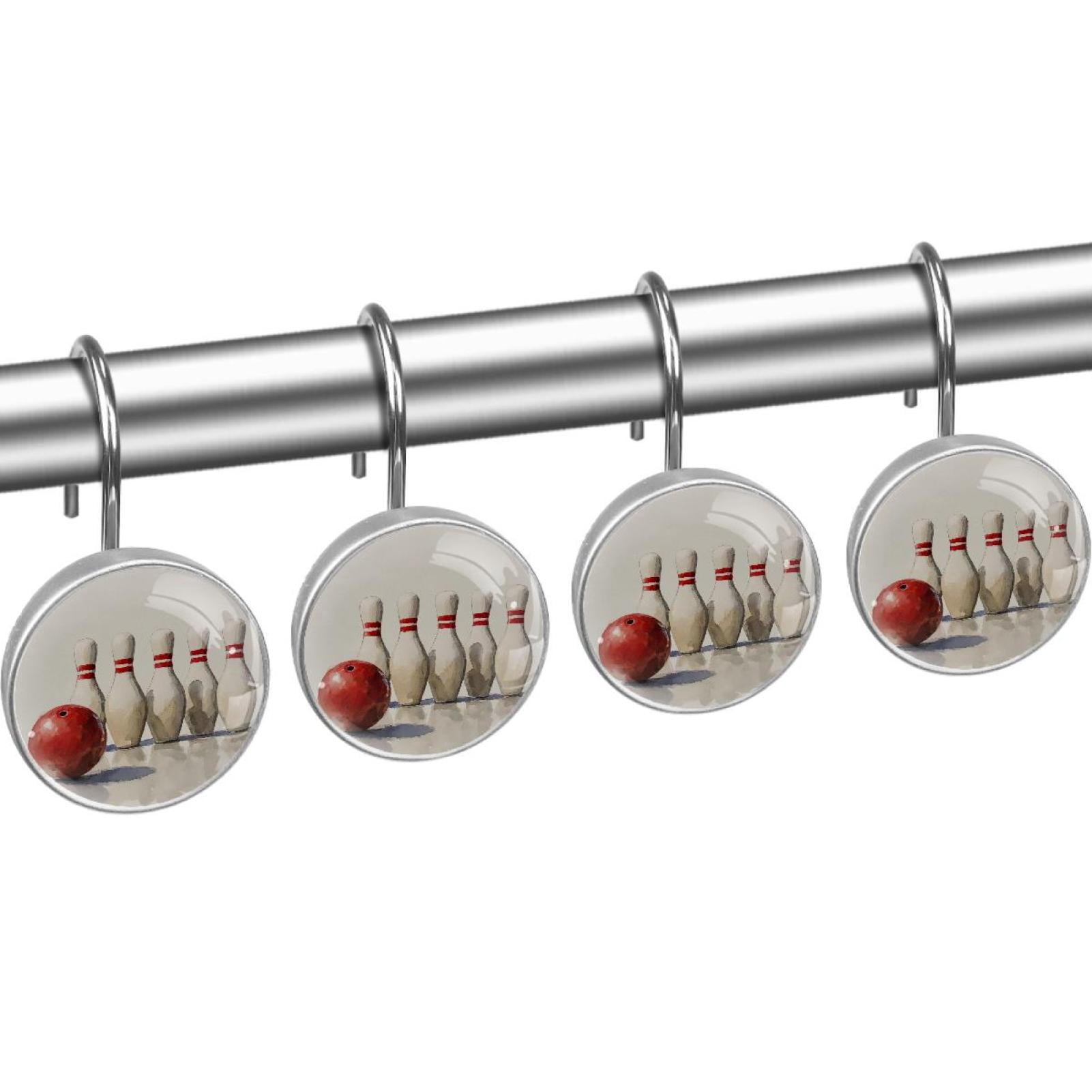 Watercolor Bowling Pins and Ball Shower Curtain Hooks Round Crystal Glass, Set of 12 Shower Curtain Rings - Shower Hooks for Curtain Shower Rings