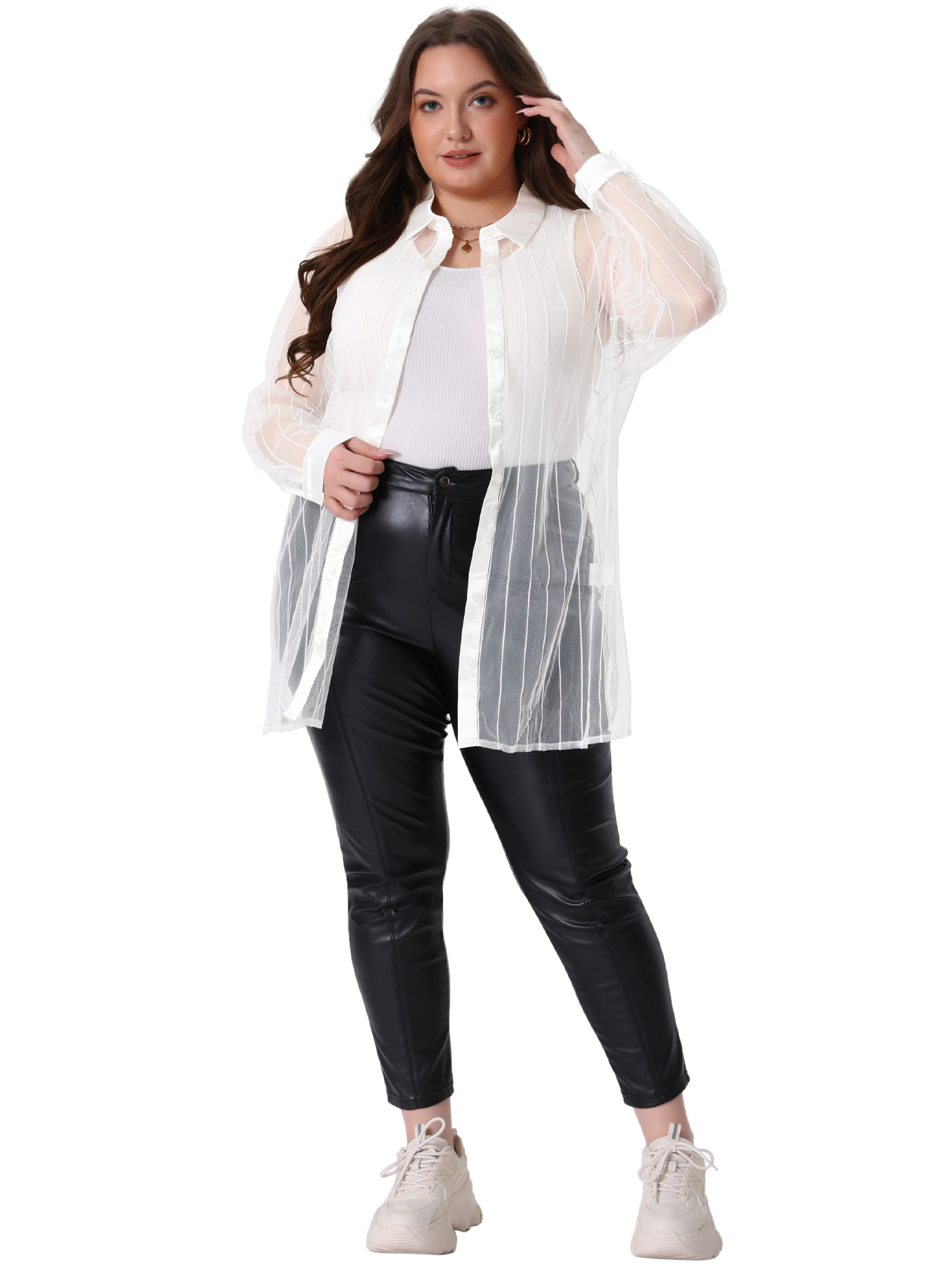 DARING DIVA Women's Plus Size Mesh Sheer Long Sleeve Button Down Shirt 1X White