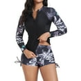thumbnail image 4 of Brnmxoke Clearance Women Two Piece Rash Guard Long Sleeve Swimsuits Floral Print Swim Shirt Built in Bra Trendy Athletic Surfing Hide Belly Bathing Suit with Boyshort Bottoms, 4 of 5