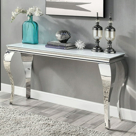 Glamorous Console Table With White Glass Surface And Silver -style Metal Legs Contemporary In Top Stainless Steel Construction