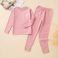 thumbnail image 2 of WRKEKC Girls Thermal Underwear Set 2-16 Years Striped Pattern Thickened Heavyweight Fleece-Lined Crew Neck Top and Elastic-Waist Pants Winter Warm Loungewear Set, 2 of 8