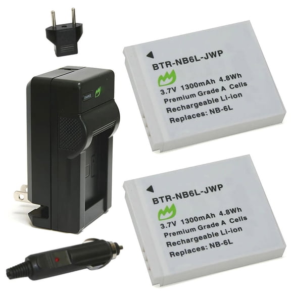 Replacement for Canon NB-6LH Battery (2-Pack, 1300mAh) and Charger with Car Adapter