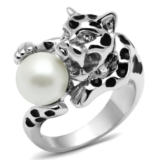 Alamode 3W297-9 Women Rhodium Brass Ring with Synthetic in White - Size 9