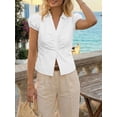 thumbnail image 3 of Women Puff Short Sleeve Button Down Shirt Collared Ruched Fitted Blouse, 3 of 6