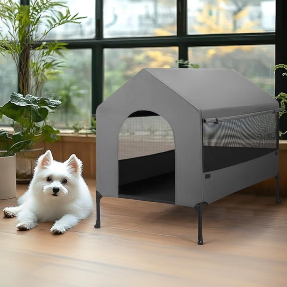 29" Dog House, 2-in-1 Small Dog House Outdoor Indoor Weatherproof, Outside Elevated Dog Cot Bed Dog Tent Shade, Three-Sided Breathable Mesh Windows and Sunshades