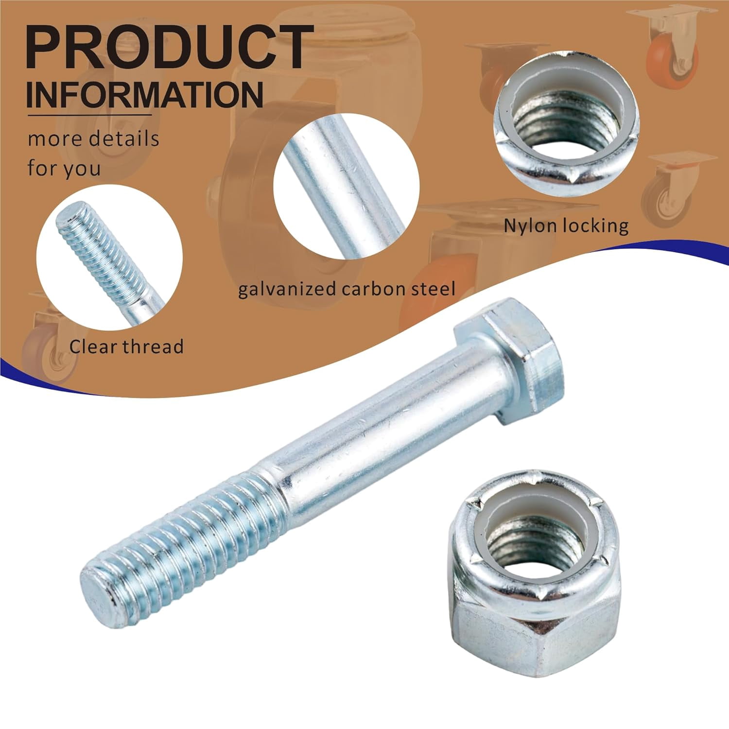 8-Set Caster Wheel Bolts and Nuts, 3/8"-16 x 2.36 Long,Galvanized Carbon Steel,Hex Head Screws with Nylon Lock Nuts, Replacement Hardware for Handcarts, Dollies and Utility Carts.