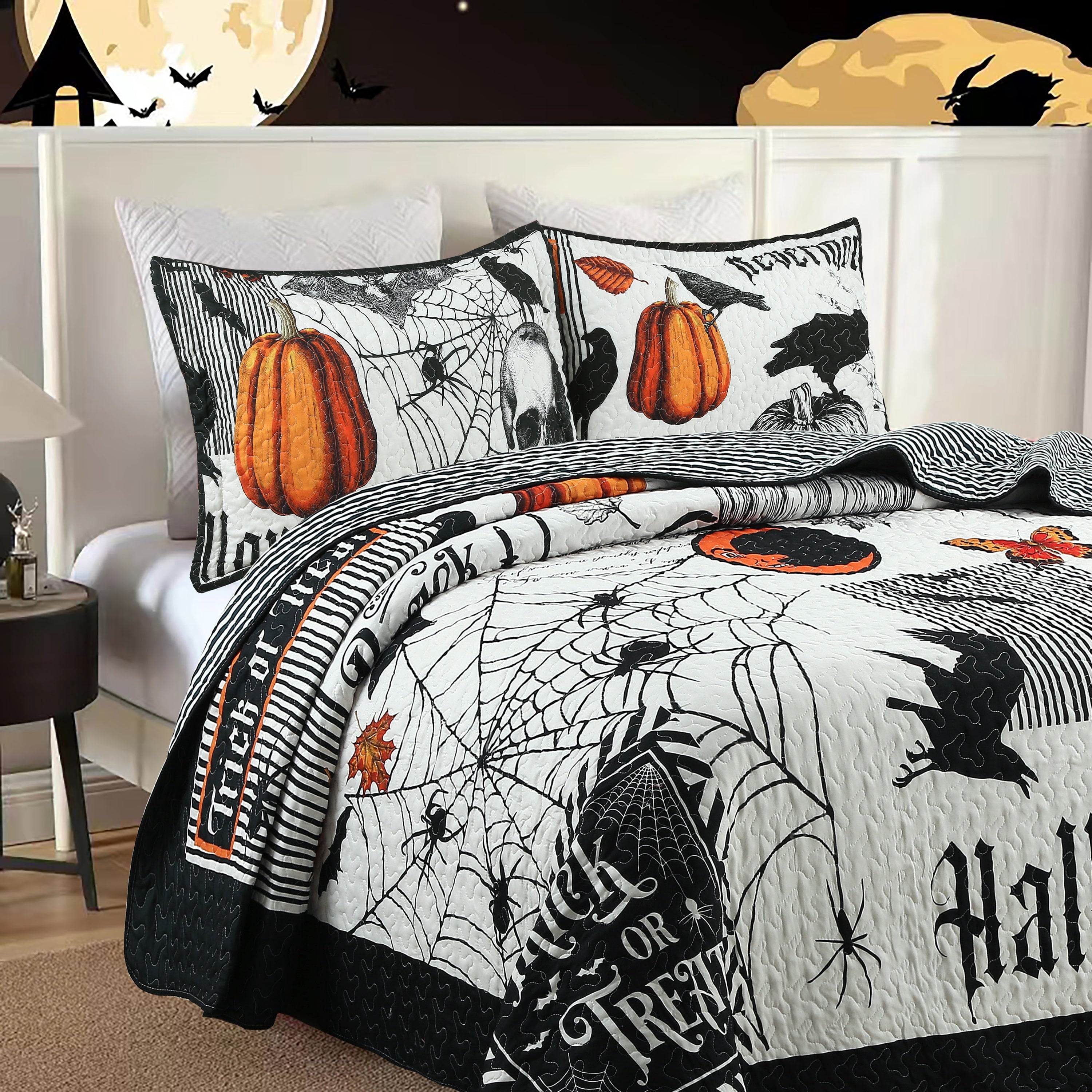 3 Pcs Halloween Quilt Bedspread Set – Cozy & Spooky Pumpkin and Ghost Pattern for Festive Decor
