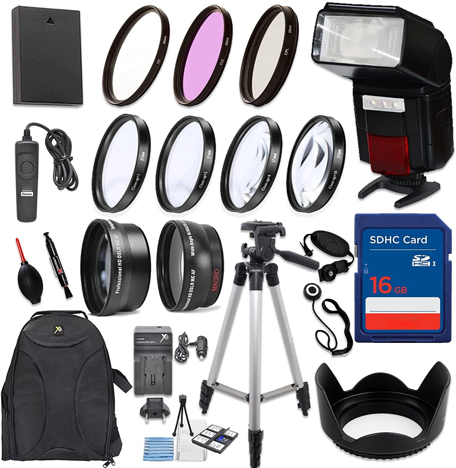 saai Doorbraak Ellende 58mm 17 Piece Accessory Kit for Canon EOS Rebel T6, T5, T3, 1300D, 1200D,  1100D DSLRs with Replaceable LP-E10 Battery, Automatic LED Flash, 16GB  Memory, HD Filters, Backpack, Auxiliary Lenses & More -