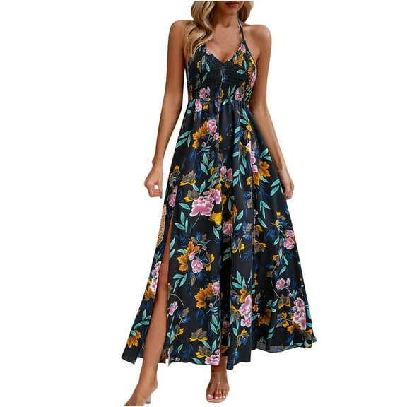 Wycnly Summer Dresses for Women Dresses for Women Elastic Waist Slit Pleated Swing Beach Strap Halter Long Dress Women Formal Floral Print V-Neck Sleeveless Maxi Sun Dress